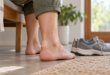 Tallone protetto da una piccola medicazione con scarpe da camminata appoggiate accanto alla seduta