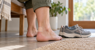 Tallone protetto da una piccola medicazione con scarpe da camminata appoggiate accanto alla seduta