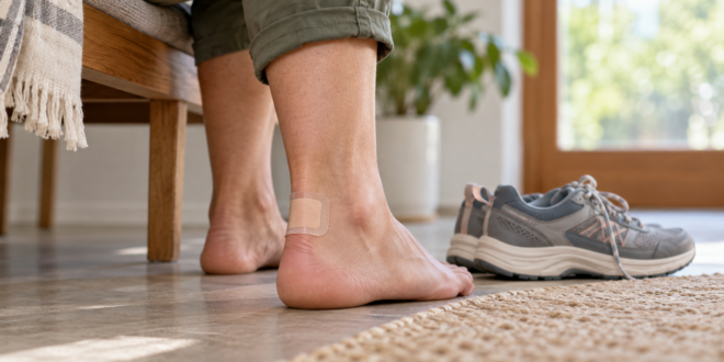 Tallone protetto da una piccola medicazione con scarpe da camminata appoggiate accanto alla seduta