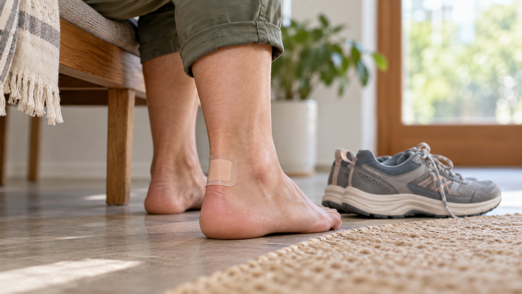 Tallone protetto da una piccola medicazione con scarpe da camminata appoggiate accanto alla seduta