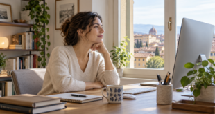 Persona alla scrivania che distoglie lo sguardo dal monitor durante una pausa