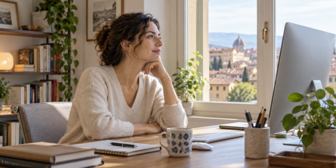 Persona alla scrivania che distoglie lo sguardo dal monitor durante una pausa
