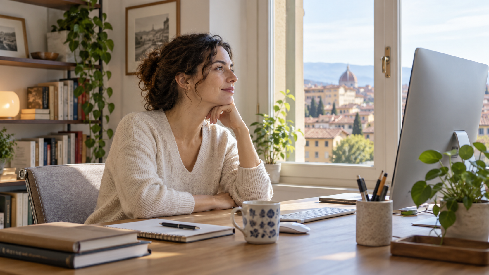 Persona alla scrivania che distoglie lo sguardo dal monitor durante una pausa