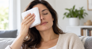 Donna seduta applica delicatamente un panno pulito sull’occhio chiuso per un impacco tiepido
