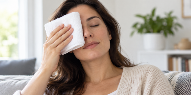 Donna seduta applica delicatamente un panno pulito sull’occhio chiuso per un impacco tiepido