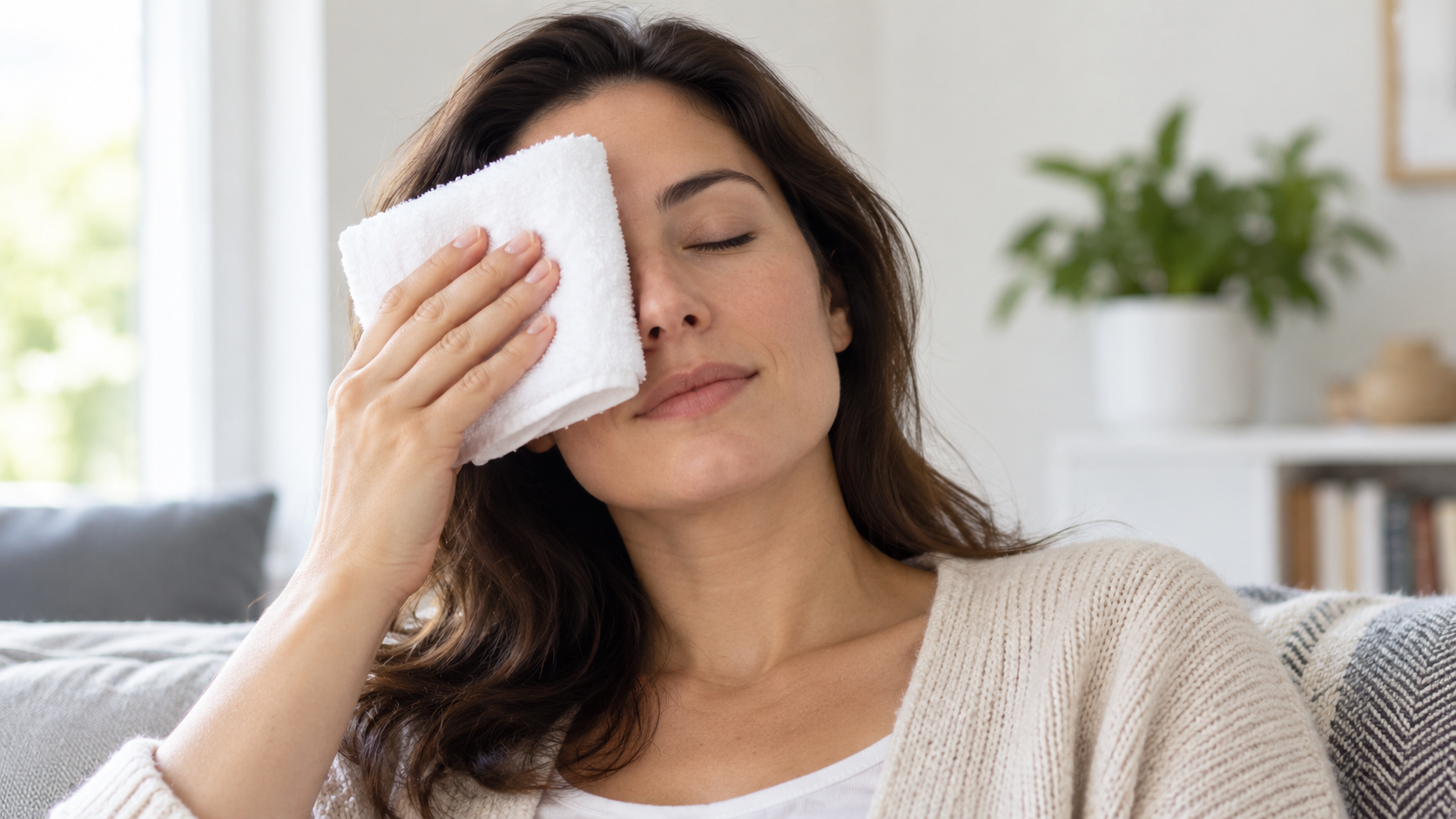 Donna seduta applica delicatamente un panno pulito sull’occhio chiuso per un impacco tiepido